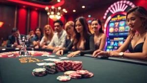 Players enjoying high-stakes gaming at 98win's luxurious casino tables with vibrant slot machines.