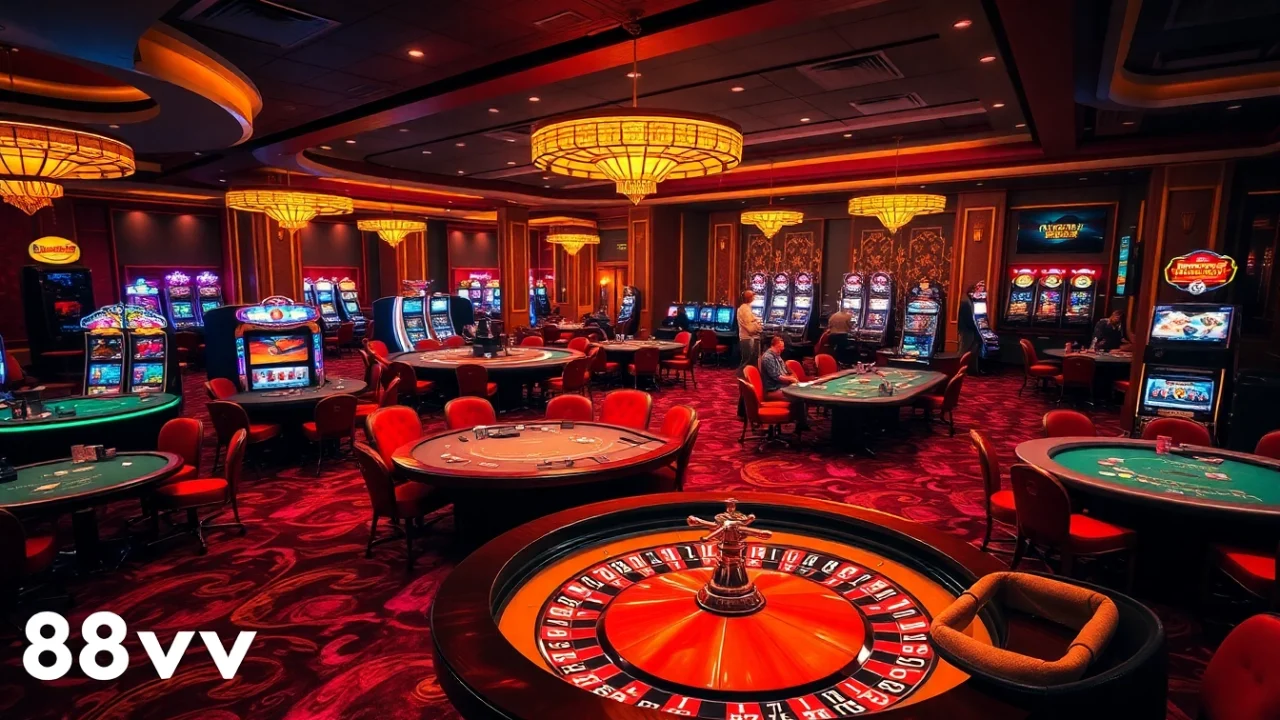 Players engage in exciting games at 88vv's luxurious casino with roulette and poker tables.