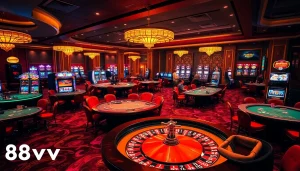 Players engage in exciting games at 88vv's luxurious casino with roulette and poker tables.