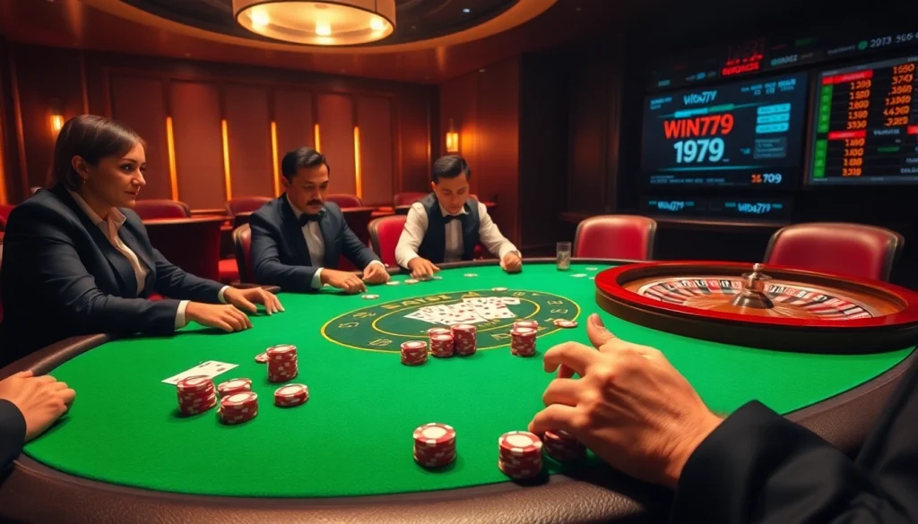 Win79 players gathered at an upscale poker table, showcasing high-stakes gameplay and vibrant casino elements.
