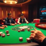Win79 players gathered at an upscale poker table, showcasing high-stakes gameplay and vibrant casino elements.
