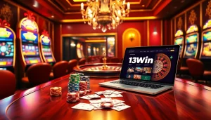 Experience the thrill of winning at 13Win with an exciting online casino scene featuring poker chips and a roulette wheel.