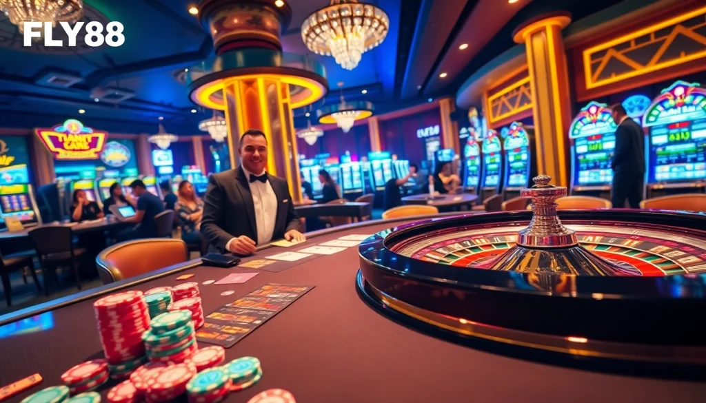 Experience the thrill of FLY88 with vibrant casino scenes featuring tables, cards, and excitement.