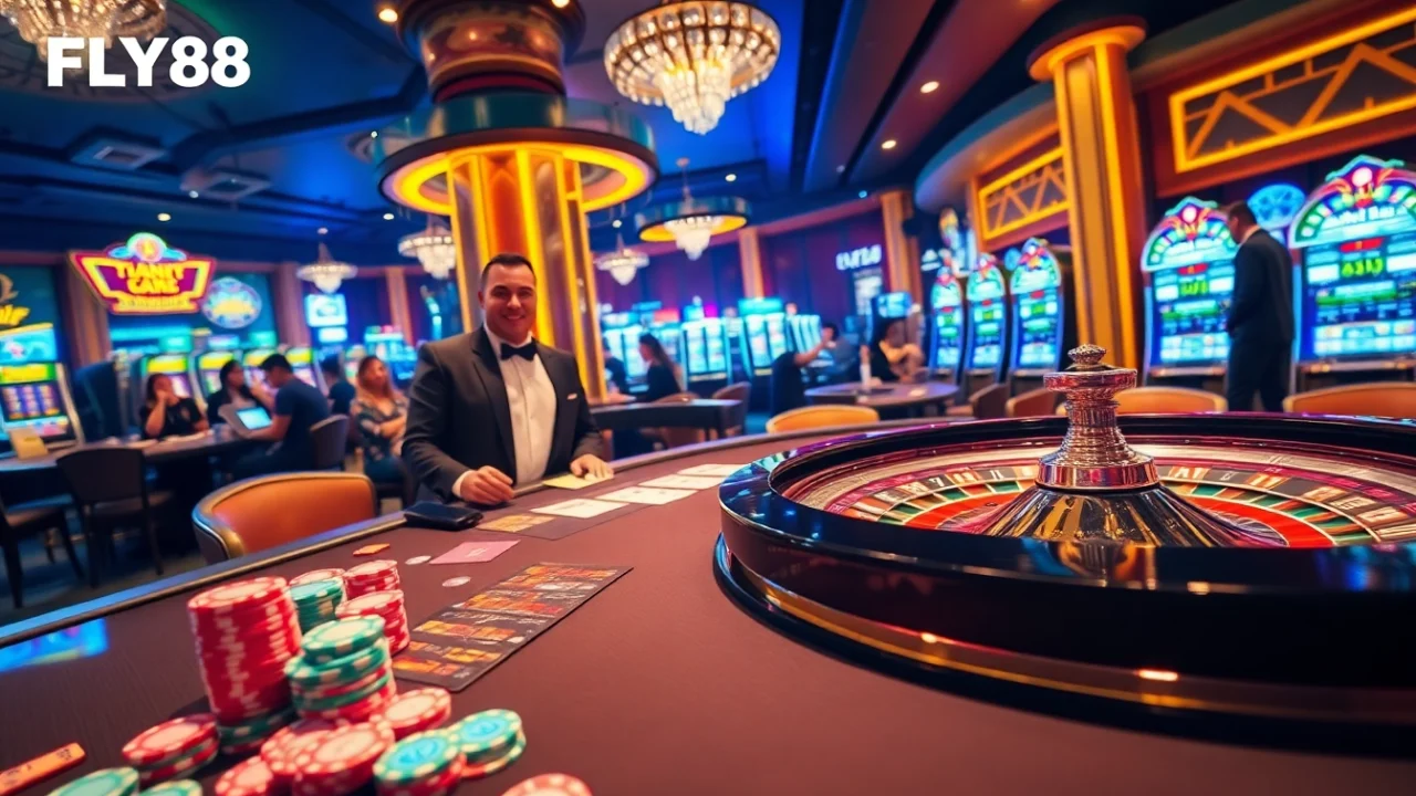 Experience the thrill of FLY88 with vibrant casino scenes featuring tables, cards, and excitement.