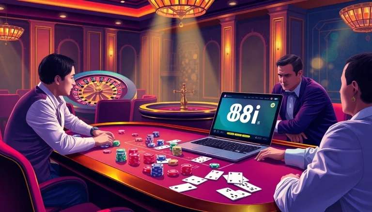 Players enjoying poker at 88i's casino table, capturing excitement and vibrant gambling atmosphere.