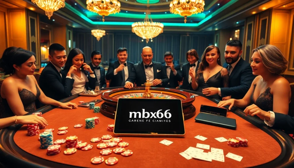 Experience excitement at mb66.nyc with players at a luxurious poker table and roulette.