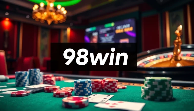 Experience thrilling gameplay at 98win's vibrant casino tables filled with cards and poker chips.