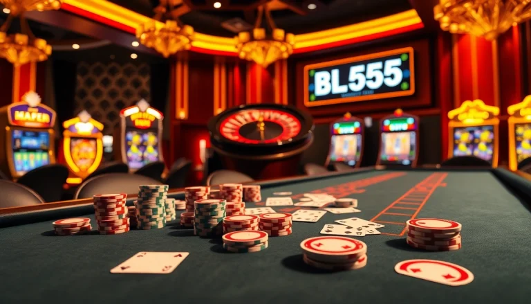 Experience thrilling poker action at BL555's luxury casino, featuring vibrant tables and glowing slot machines.
