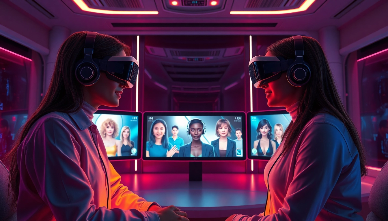 Immersive 'sex ai' chat in a high-tech virtual reality space with diverse AI avatars.