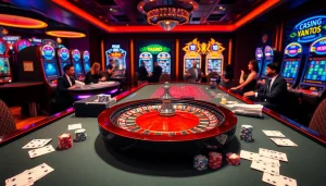 Experience luxury gaming at https://vz99e.com with vibrant casino scenes featuring roulette, poker, and slots.