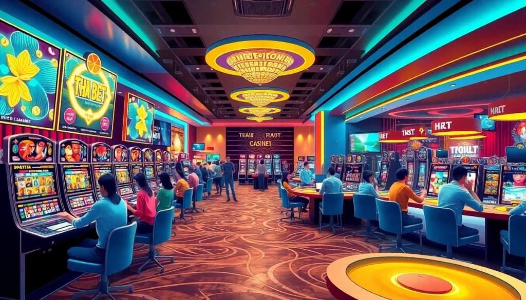THA BET online casino with vibrant gaming atmosphere, diverse players, and modern design.