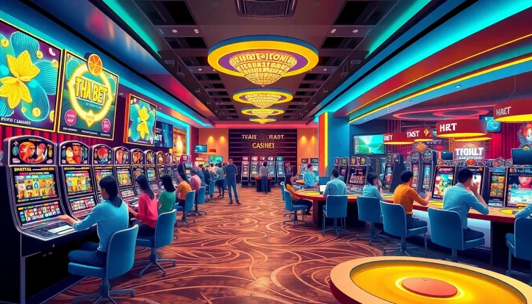 THA BET online casino with vibrant gaming atmosphere, diverse players, and modern design.