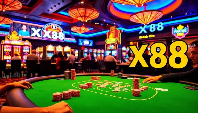 Engaged players enjoying XX88 poker at a luxury casino with vibrant slot machines.