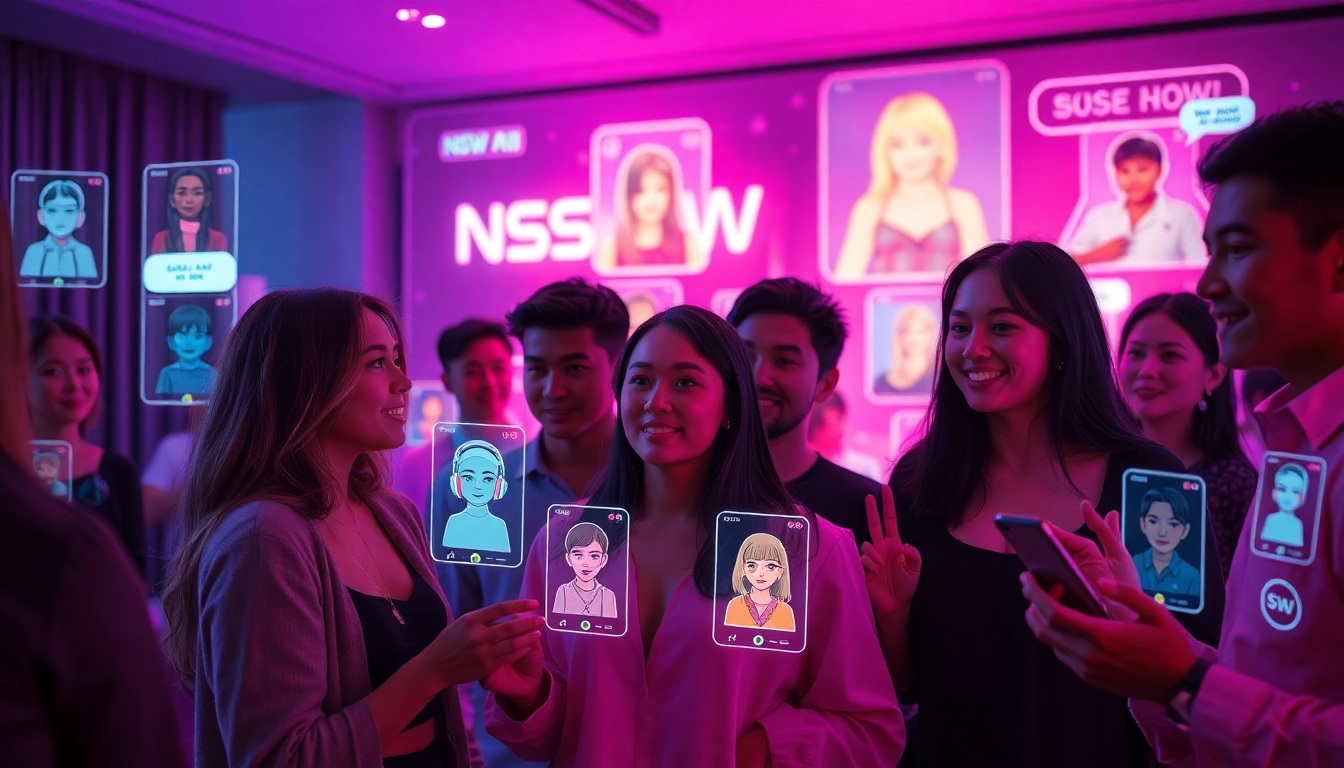 Interactive scene showcasing users engaging with diverse nsfw ai platforms and avatars.