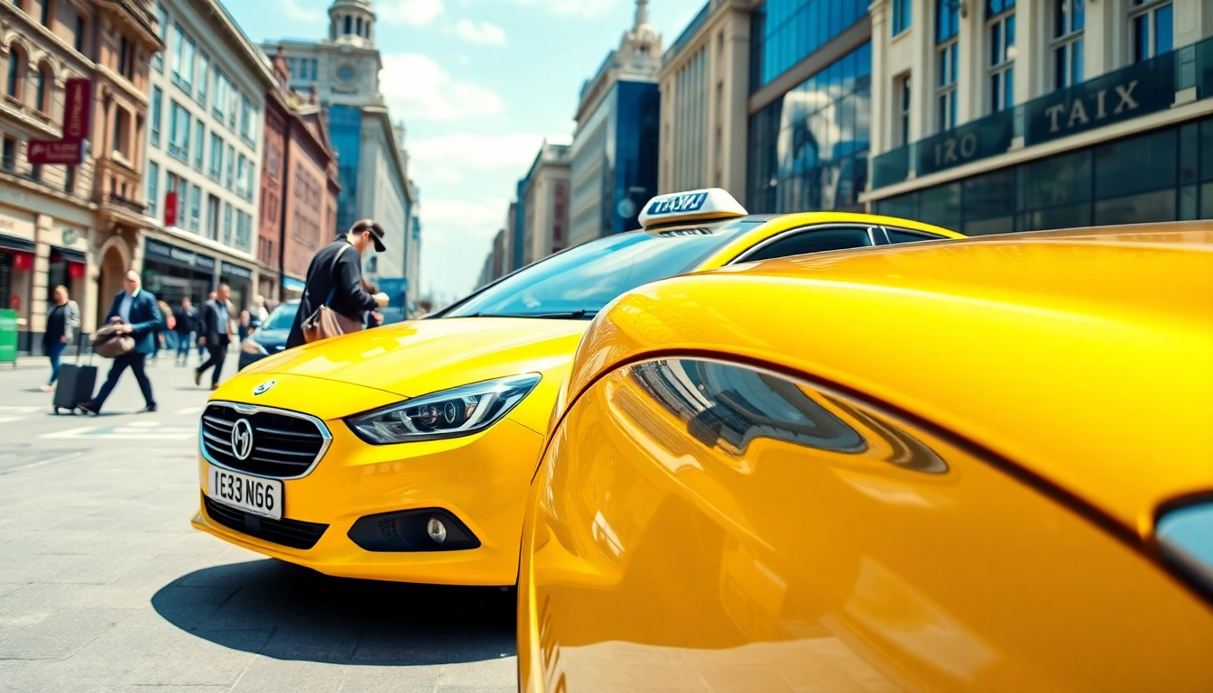 Woking taxi service navigating bustling city streets with passengers and modern architecture.