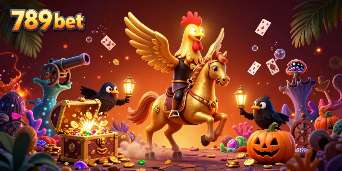 Engage with 789 bet's dynamic casino scene featuring a golden rooster and treasure-filled excitement.