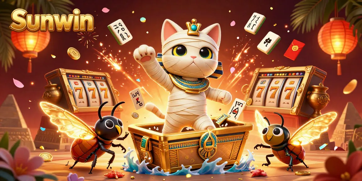 Celebrate winnings at Sunwin's vibrant casino with an Egyptian mummy cat and slot reels.