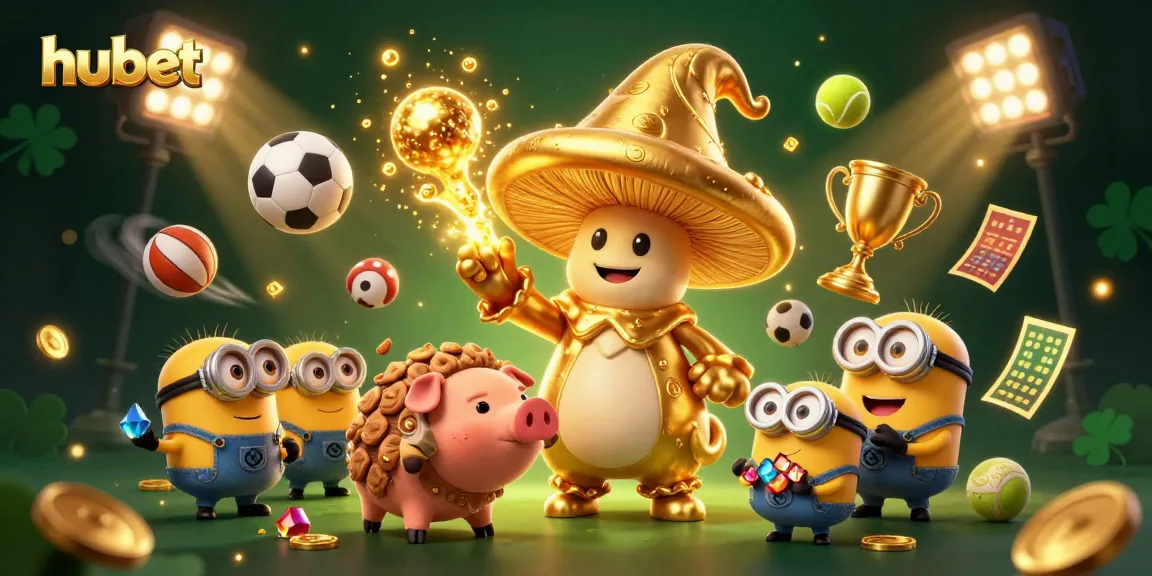 Engage with hubet’s vibrant gambling fantasy featuring a golden mushroom wizard and dynamic sports action.