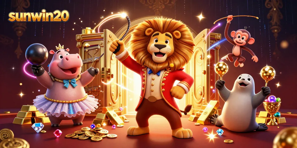 sunwin20's lively 3D illustration of circus characters in a casino, celebrating huge wins with jewels.