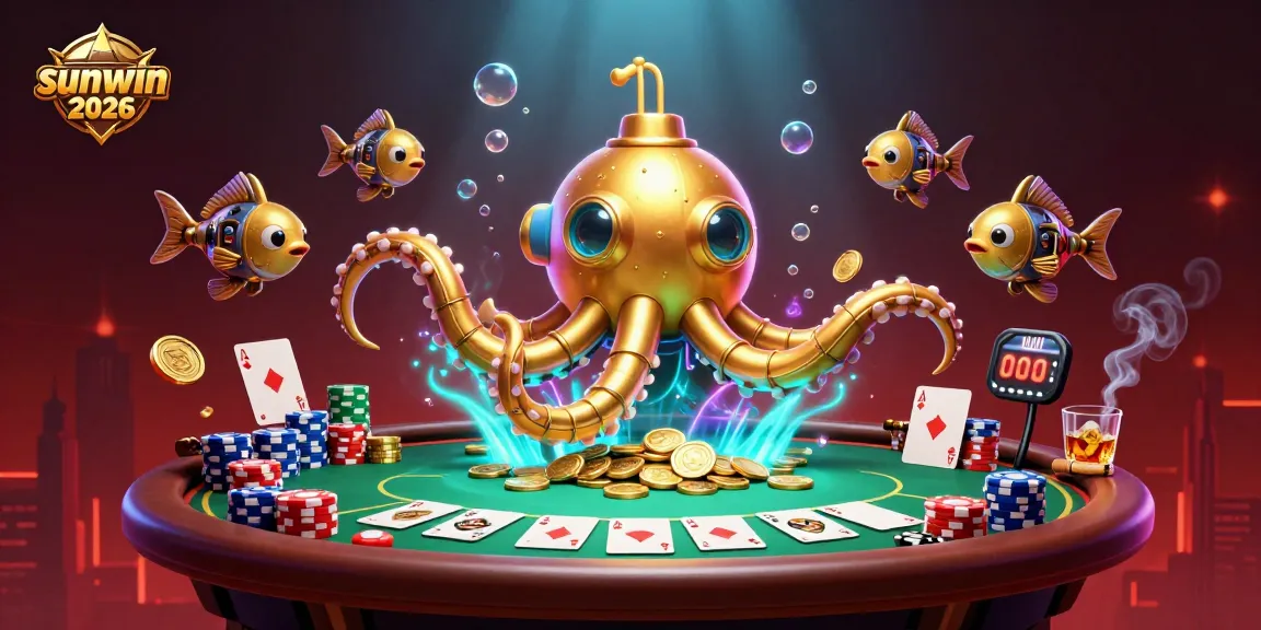 Experience sunwin 2026 with a vibrant 3D casino scene featuring poker elements and golden kraken submarine.